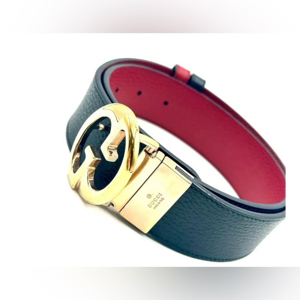 Gucci Black Leather Bracelet with Red Interior and Gold GG Buckle